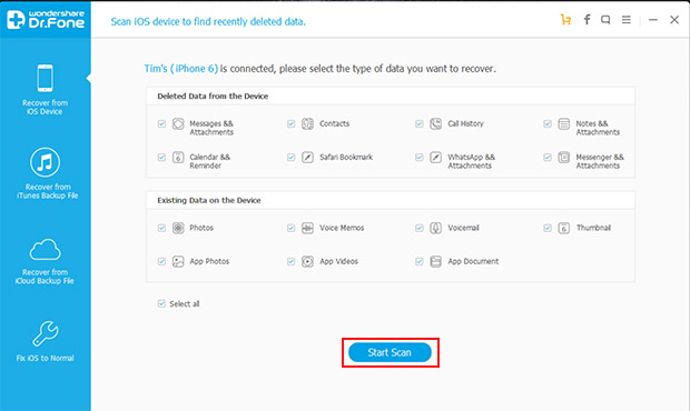 connect iOS device and scan for deleted data